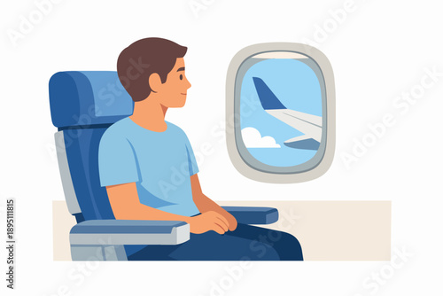 Person traveling by plane, enjoying window seat view of aircraft wing and clouds