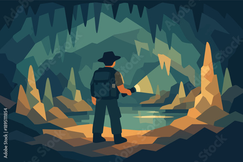 Explorer discovering dark cave with flashlight illuminating underground formations