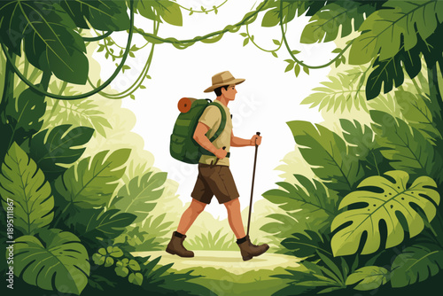 Hiker exploring tropical jungle, walking with backpack and trekking pole