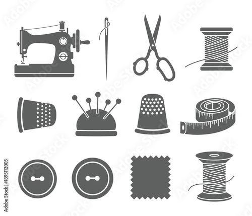 Sewing tools and accessories re grey isolated vector silhouette