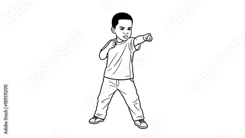 Cartoon style young boy practicing boxing stance in black and white line art