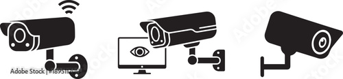 collection of security camera icons, depicting various types of surveillance equipment for monitoring and protection in different environments such as buildings and streets.