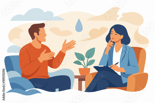 Therapy session for mental health, patient talking counselor listening