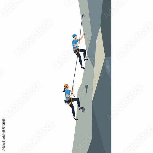 Two rock climbers ascending a vertical grey wall with ropes