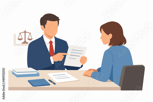 Lawyer advising client on legal document, giving consultation in office meeting