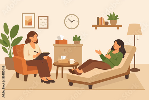 Psychotherapy session with woman talking to psychologist, mental health counseling