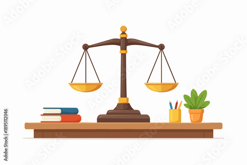 Justice scales balancing on desk with law books, symbolizing legal equality and ethics