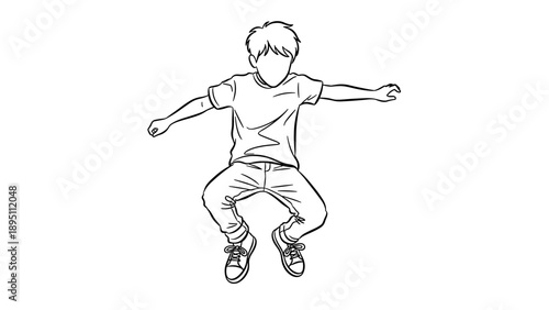 Energetic jump of young boy sketch in mid air