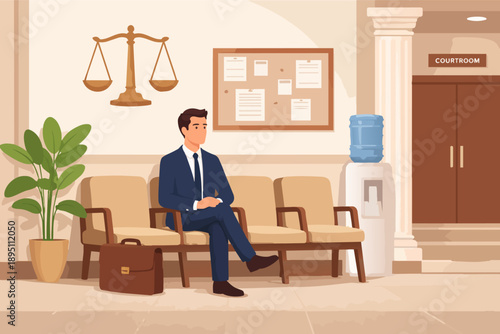 Lawyer waiting for court hearing, sitting in courthouse waiting room for justice