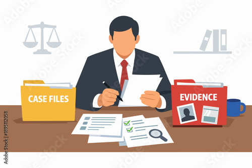 Lawyer reviewing legal documents and case files, considering evidence