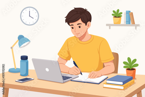 Student learning online at desk, writing notes from laptop remotely