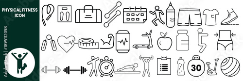 Gym and fitness icon set. Containing healthy lifestyle, weight training, body care and workout or exercise equipment icons. Solid icons vector collection.
