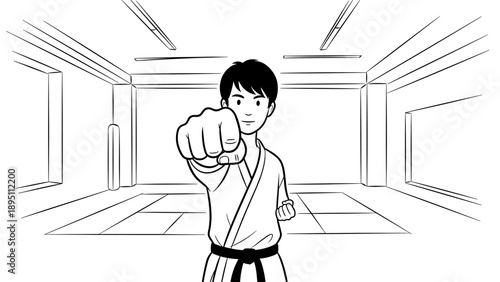 Linear martial artist in action at indoor dojo with confident stance