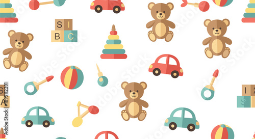 Cute Baby Toys Seamless Pattern With Teddy Bears Cars Blocks And Rattle Vector Design