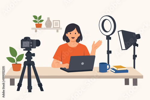Female vlogger recording video for content creation and live stream