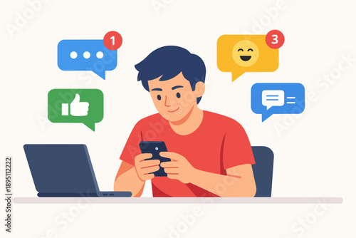 Young man receiving multiple notifications on smartphone and laptop from social media