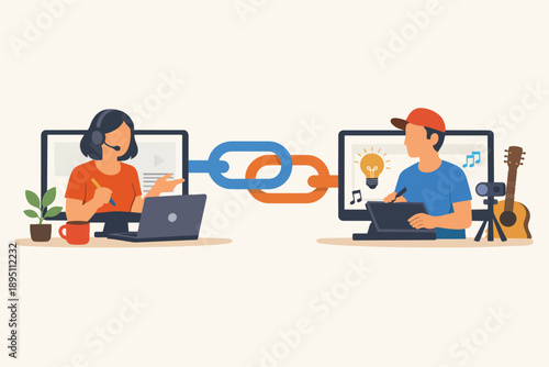 Remote team collaborating, connecting online for virtual creative process