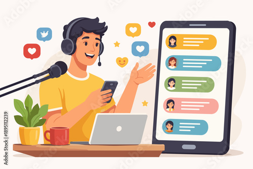 Young man streaming a podcast, engaging with audience on social media chat