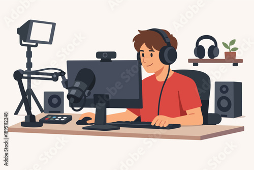 Person streaming online, broadcasting content from home studio setup
