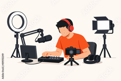 Content creator producing video with streaming equipment, flat vector graphic