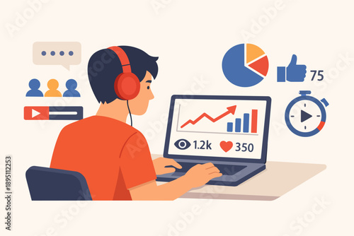 Content creator analyzing video metrics and improving social media engagement