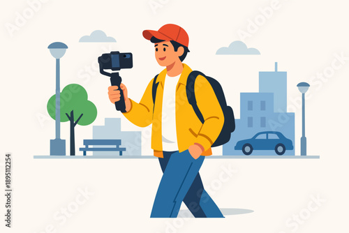 Person walking in city filming vlog with smartphone gimbal stabilizer