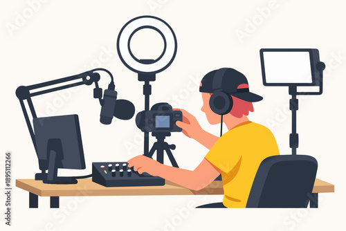 Young man creating online content, streaming live video, recording podcast, broadcasting