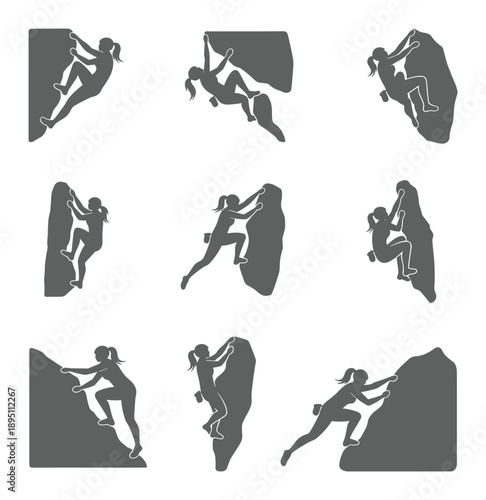 Nine dynamic rock climbing poses stark grey isolated silhouette action poses