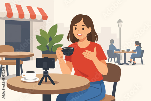 Vlogging woman recording video at cafe, creating social media content