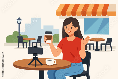 Woman creating popular video content, vlogging in an outdoor cafe with coffee