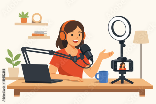 Woman streaming live video, podcasting, creating online content from home studio