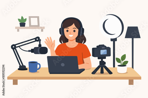 Podcaster streamer influencer broadcasting live from home studio desk