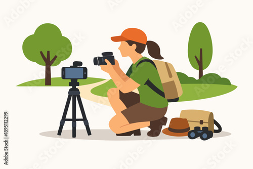 Woman photographing outdoors, capturing nature with camera and smartphone