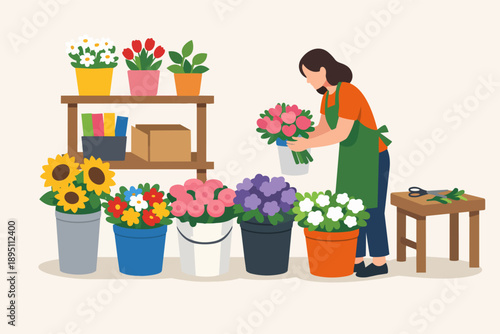 Florist woman arranging flower bouquet in small business shop