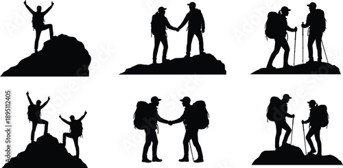 Hiker silhouettes on mountain peaks showing teamwork, success and adventure, outdoor trekking partners celebrating achievement, hiking and exploration concept isolated on white background illustration