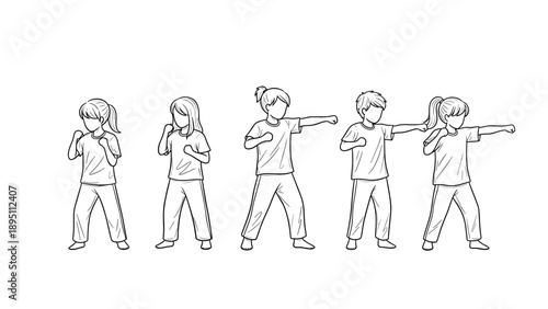 Group of kids practicing karate in line art style