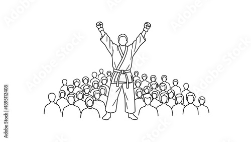 Champion in martial arts wins competition celebrated by crowd in linear style