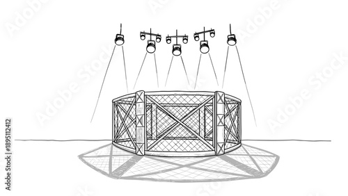Hand-drawn cage arena with spotlights - minimalist design with dramatic lighting