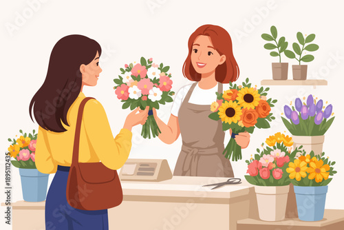Florist customer interaction buying a beautiful flower bouquet in a small shop