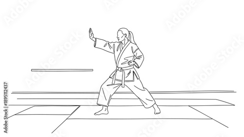 Black belt karate master in defensive stance line art illustration