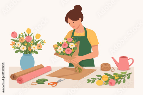 Woman florist wrapping fresh flower bouquet for small business at work desk