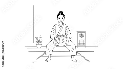 Martial arts training: black and white dojo scene with focused practitioner