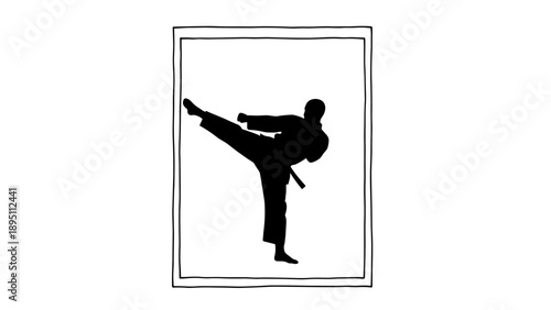 Martial artist in high kick silhouette within frame design