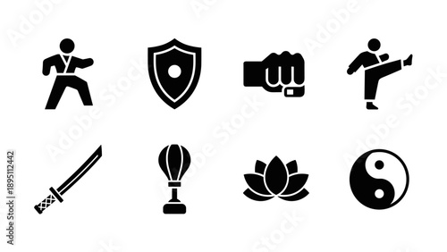 Martial arts icons set: karate, boxing, tai chi, and more in silhouette style