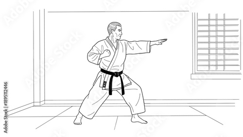 Martial artist practicing karate in traditional dojo setting