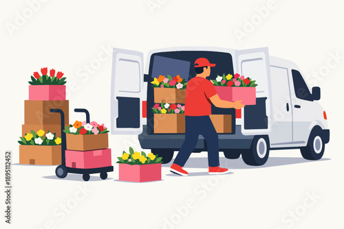 Delivery driver loading fresh flowers into van for floral delivery service