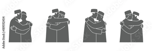 Muslim men greeting each other with hugs during Eid celebration silhouette