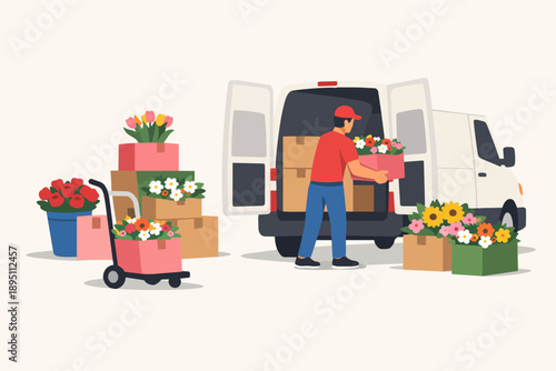 Courier loading flower boxes into delivery van for floristry shipment logistics