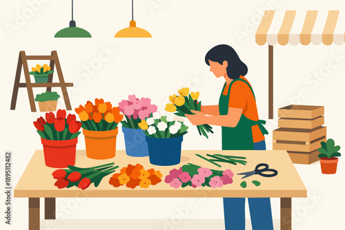 Florist arranging colorful spring flowers in a small shop