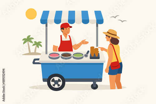 Ice cream cart vendor selling treats to customer on sunny beach vacation
